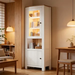 Hoge vitrinekast 70x40x188 cm – met LED-verlichting – 2 deuren en 6 planken – verstelbare planken – Spaanplaat – Wit Hoge vitrinekast 70x40x188 cm – met LED-verlichting – 2 deuren en 6 planken – verstelbare planken – Spaanplaat – Wit