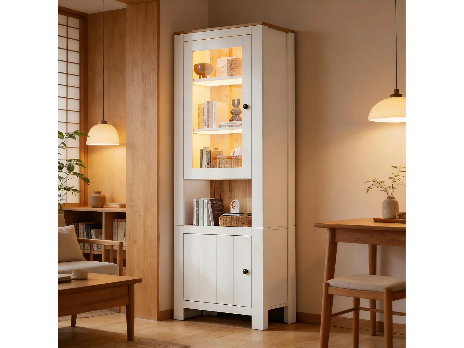 Hoge vitrinekast 70x40x188 cm - met LED-verlichting - 2 deuren en 6 planken - verstelbare planken - Spaanplaat - Wit
