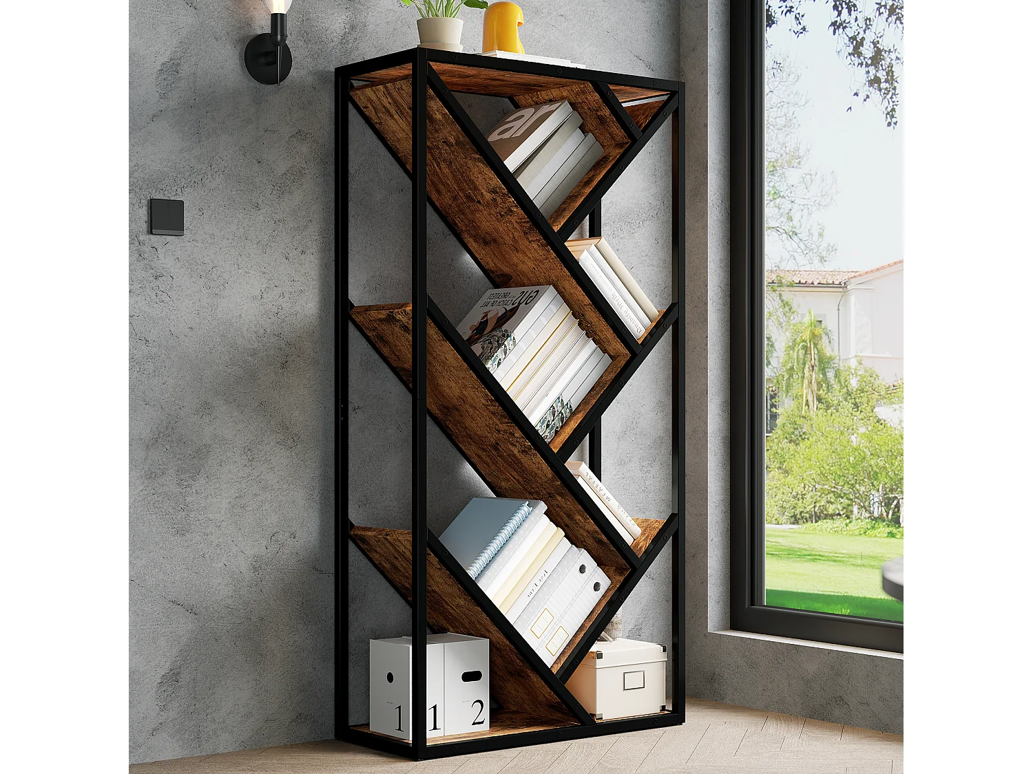 Kast in boomvorm 80x35x160 cm - Meerdere open planken - Grote opbergruimte - Metalen frame - MDF - Zwart en bruin
