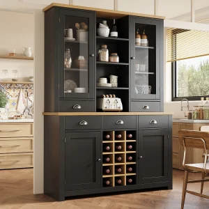 Hoge keukenkast – 120 x 40 x 185 cm – met 5 lades + 4 deuren + planken + wijnrek – MDF – zwart Hoge keukenkast – 120 x 40 x 185 cm – met 5 lades + 4 deuren + planken + wijnrek – MDF – zwart
