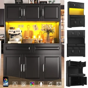 Hoog keukendressoir – 108 x 40 x 180 cm – met 2 lades + 6 deuren + LED-verlichting + werkblad – MDF – zwart Hoog keukendressoir – 108 x 40 x 180 cm – met 2 lades + 6 deuren + LED-verlichting + werkblad – MDF – zwart