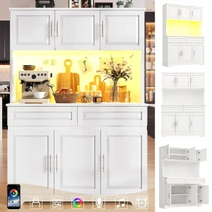 Hoog keukendressoir – 108 x 40 x 180 cm – met 2 lades + 6 deuren + LED-verlichting + werkblad – MDF – wit Hoog keukendressoir – 108 x 40 x 180 cm – met 2 lades + 6 deuren + LED-verlichting + werkblad – MDF – wit