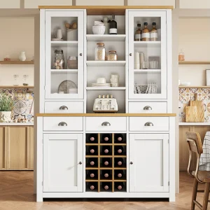 Hoog keukendressoir – 120 x 40 x 185 cm – met 5 lades + 4 deuren + planken + wijnrek – MDF – wit Hoog keukendressoir – 120 x 40 x 185 cm – met 5 lades + 4 deuren + planken + wijnrek – MDF – wit