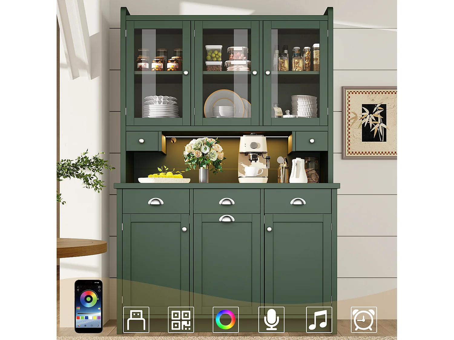Hoog keukendressoir - 120 x 40 x 180 cm - met lades + 2 opbergdeuren + LED-verlichting + 3 glazen deuren - MDF - groen