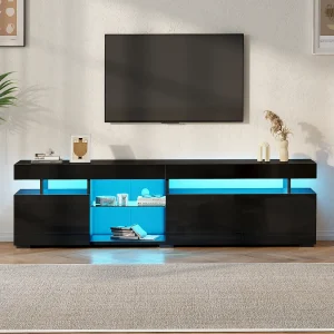 Hoogglans TV-meubel 180x35x45 cm – 3 deuren – Met LED – Verstelbare planken van gehard glas – Spaanplaat – Zwart Hoogglans TV-meubel 180x35x45 cm – 3 deuren – Met LED – Verstelbare planken van gehard glas – Spaanplaat – Zwart