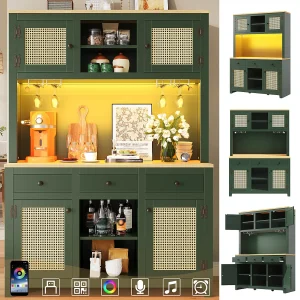 Hoog keukendressoir van PE-rotan – 120 x 40 x 180 cm – met 3 lades + 4 deuren + planken + LED-verlichting – MDF – groen Hoog keukendressoir van PE-rotan – 120 x 40 x 180 cm – met 3 lades + 4 deuren + planken + LED-verlichting – MDF – groen