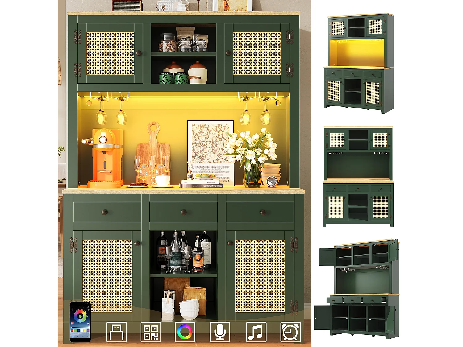 Hoog keukendressoir van PE-rotan - 120 x 40 x 180 cm - met 3 lades + 4 deuren + planken + LED-verlichting - MDF - groen