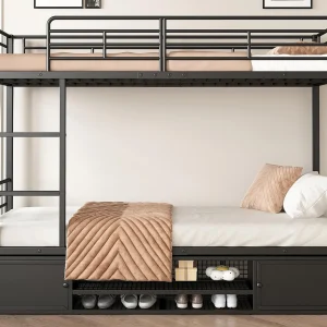 IJzeren stapelbed 90x200cm – met schoenenrek en ladder – Zwart IJzeren stapelbed 90x200cm – met schoenenrek en ladder – Zwart