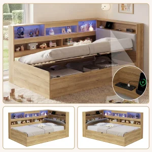 Hydraulisch opbergbed voor kinderen – 90 x 200 cm – met USB-poort, LED-verlichting, opbergplank en hoofdeinde – MDF – naturel Hydraulisch opbergbed voor kinderen – 90 x 200 cm – met USB-poort, LED-verlichting, opbergplank en hoofdeinde – MDF – naturel