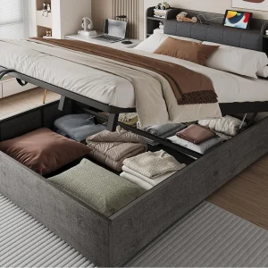 Houten opbergbed 180 x 200 cm – Hoofdeinde met opbergruimte – USB-poort + Type-C-poort – grijs (zonder matras) Houten opbergbed 180 x 200 cm – Hoofdeinde met opbergruimte – USB-poort + Type-C-poort – grijs (zonder matras)