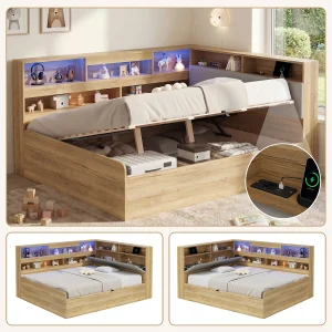Hydraulisch opbergbed voor kinderen – 140 x 200 cm – met USB-poort, LED-verlichting, opbergplank en hoofdeinde – MDF – naturel Hydraulisch opbergbed voor kinderen – 140 x 200 cm – met USB-poort, LED-verlichting, opbergplank en hoofdeinde – MDF – naturel