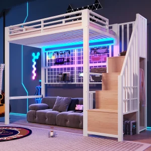 Hoogslaper 90 x 200 cm – Ijzeren frame – Met kast – Opbergtrap – LED-verlichting – Wit (matras niet inbegrepen) Hoogslaper 90 x 200 cm – Ijzeren frame – Met kast – Opbergtrap – LED-verlichting – Wit (matras niet inbegrepen)