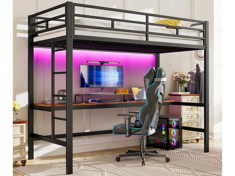 Hoogslaper 90x200 cm - met spijlen - met ladder - tafel met USB en stopcontacten - bekabelde lichtstrip - metaal - zwart (matras niet inbegrepen)