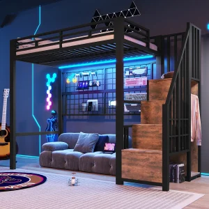Hoogslaper 90 x 200 cm – Ijzeren frame – Met kast – Opbergtrap – LED-verlichting – zwart (matras niet inbegrepen) Hoogslaper 90 x 200 cm – Ijzeren frame – Met kast – Opbergtrap – LED-verlichting – zwart (matras niet inbegrepen)