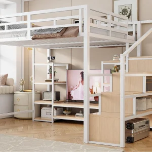 Hoogslaper 140×200 – Met stopcontact – Met opbergvakken – Met opbergtrap – Wit (matras niet inbegrepen) Hoogslaper 140×200 – Met stopcontact – Met opbergvakken – Met opbergtrap – Wit (matras niet inbegrepen)