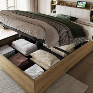Houten opbergbed 180 x 200 cm – Hoofdeinde met opbergruimte – USB-poort + Type-C-poort – natuur (zonder matras) Houten opbergbed 180 x 200 cm – Hoofdeinde met opbergruimte – USB-poort + Type-C-poort – natuur (zonder matras)
