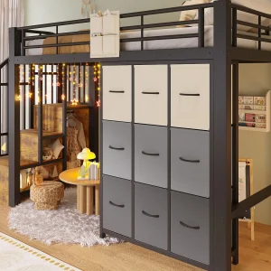 Hoogslaper 90×200 cm – Metaal – Met lades – Met kast – Met opbergtrap – Zwart​ (matras niet inbegrepen)