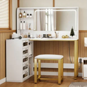 Kaptafel met spiegel en krukje, 120 x 80 x 135 cm, grote verstelbare LED-spiegel met 3 kleuren, open vakken, make-uptafel Kaptafel met spiegel en krukje, 120 x 80 x 135 cm, grote verstelbare LED-spiegel met 3 kleuren, open vakken, make-uptafel
