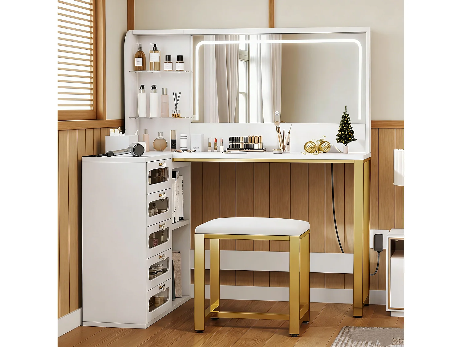 Kaptafel met spiegel en krukje, 120 x 80 x 135 cm, grote verstelbare LED-spiegel met 3 kleuren, open vakken, make-uptafel