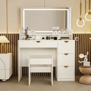Kaptafel met spiegel en 3 instelbare lichtstanden, voorzien van 4 lades, comfortabele stoel en stopcontact, wit Kaptafel met spiegel en 3 instelbare lichtstanden, voorzien van 4 lades, comfortabele stoel en stopcontact, wit