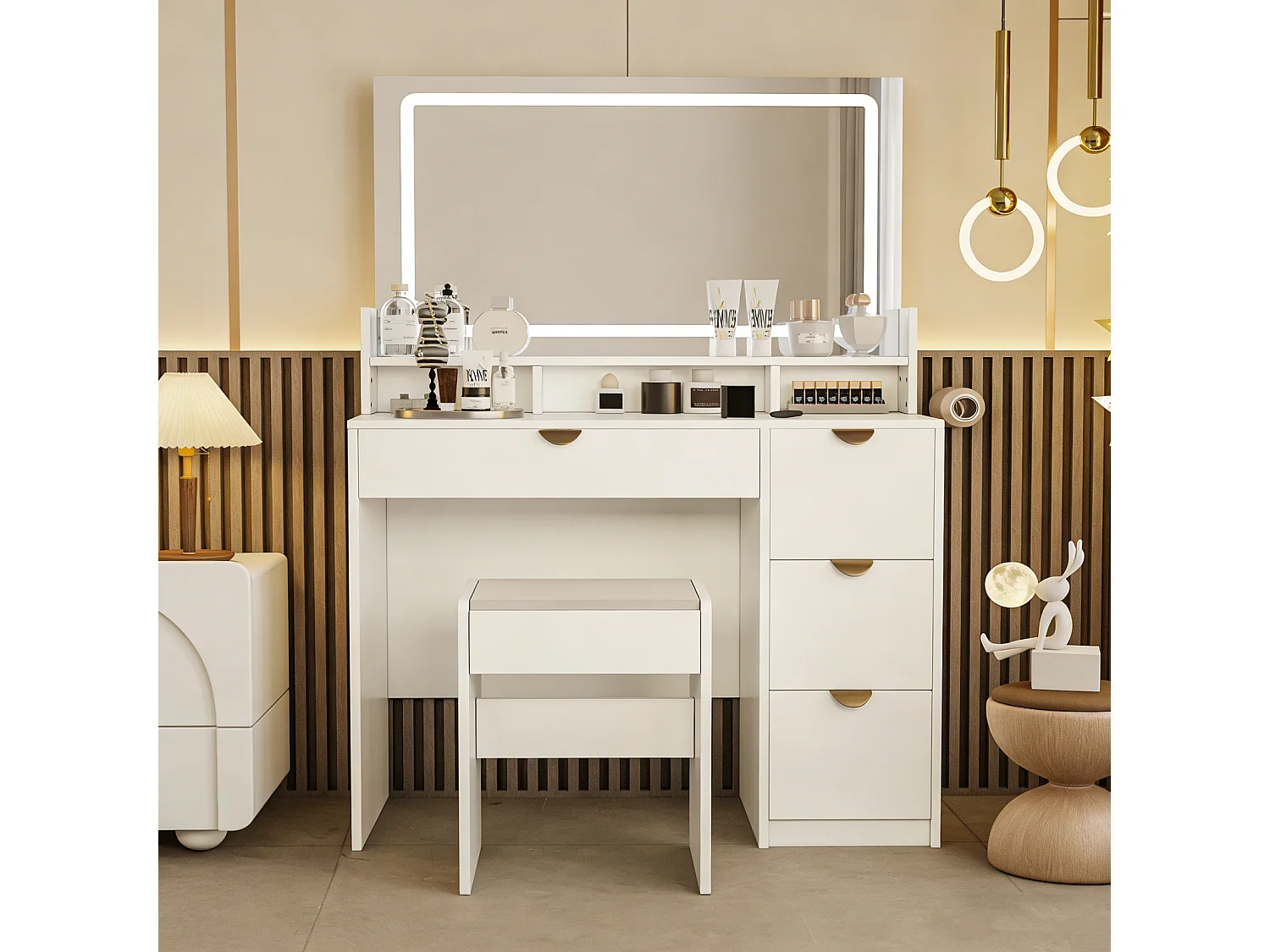 Kaptafel met spiegel en 3 instelbare lichtstanden, voorzien van 4 lades, comfortabele stoel en stopcontact, wit
