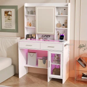 Kaptafel met verstelbare RGB LED-spiegel, moderne make-uptafel met 2 lades en opbergruimte, stopcontacten en USB-aansluitingen, blad van gehard glas Kaptafel met verstelbare RGB LED-spiegel, moderne make-uptafel met 2 lades en opbergruimte, stopcontacten en USB-aansluitingen, blad van gehard glas