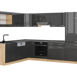Hoekkeuken antraciet hoogglans/goud eiken 287x60x81.6 r-line Hoekkeuken antraciet hoogglans/goud eiken 287x60x81.6 r-line