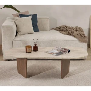 Houten salontafel "Ovalis" – 130 x 65 x 40 cm – Travertin / Notelaar