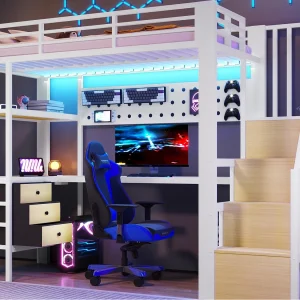 Hoogslaper 90 x 200 cm – Metalen frame – 3 lades – Ingebouwde tafel – Stopcontact – LED-verlichting – wit​ (matras niet inbegrepen)