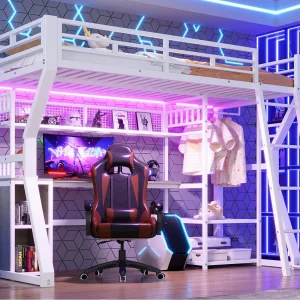 Hoogslaper 90 x 200 cm – Ijzeren frame – LED-verlichting – Stopcontact + kastruimte – Bureau – Wit (matras niet inbegrepen) Hoogslaper 90 x 200 cm – Ijzeren frame – LED-verlichting – Stopcontact + kastruimte – Bureau – Wit (matras niet inbegrepen)