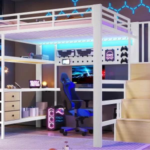 Hoogslaper 140 x 200 cm – Metalen frame – 3 lades – Ingebouwde tafel – Stopcontact – LED-verlichting – wit (matras niet inbegrepen) Hoogslaper 140 x 200 cm – Metalen frame – 3 lades – Ingebouwde tafel – Stopcontact – LED-verlichting – wit (matras niet inbegrepen)