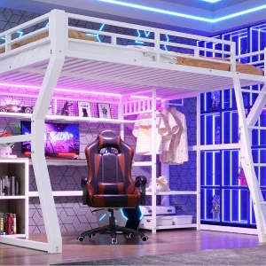 Hoogslaper 140 x 200 cm – Ijzeren frame – LED-verlichting – Stopcontact + kastruimte – Bureau – Wit (matras niet inbegrepen) Hoogslaper 140 x 200 cm – Ijzeren frame – LED-verlichting – Stopcontact + kastruimte – Bureau – Wit (matras niet inbegrepen)