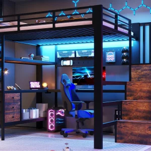 Hoogslaper 140 x 200 cm – Metalen frame – 3 lades – Ingebouwde tafel – Stopcontact – LED-verlichting – Zwart (matras niet inbegrepen) Hoogslaper 140 x 200 cm – Metalen frame – 3 lades – Ingebouwde tafel – Stopcontact – LED-verlichting – Zwart (matras niet inbegrepen)