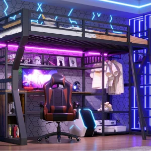Hoogslaper 90 x 200 cm – Ijzeren frame – LED-verlichting – Stopcontact + kastruimte – Bureau – zwart (matras niet inbegrepen) Hoogslaper 90 x 200 cm – Ijzeren frame – LED-verlichting – Stopcontact + kastruimte – Bureau – zwart (matras niet inbegrepen)