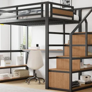 Hoogslaper van metaal 140×200 cm – met opbergladder en bureau – Zwart Hoogslaper van metaal 140×200 cm – met opbergladder en bureau – Zwart