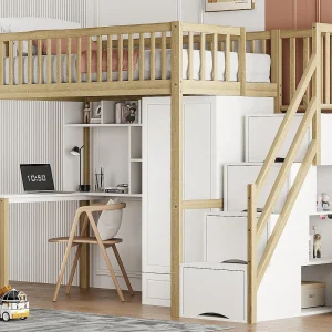 Hoogslaper 90×200 cm – met kledingkast en bureau – houten bedframe – Wit & Naturel
