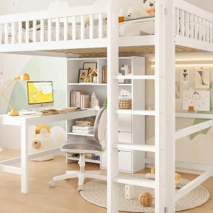 Hoge bed 140×200 cm – meerdere opbergruimtes – met ladder + bureau – met 3 laden – wit (matras niet inbegrepen)