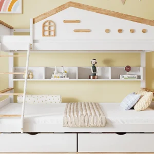 Houten stapelbed 90x200cm + 140x200cm – met ladder en 2 lades – Wit & Naturel Houten stapelbed 90x200cm + 140x200cm – met ladder en 2 lades – Wit & Naturel