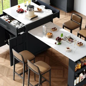 Centrale keukeneiland met 2 deuren en 2 lades – Uitklapbaar bord – Werkborden van kunstmatig marmer – 133(202)x59x93,5 cm – Voor 2 tot 6 personen – Zwart + Wit Centrale keukeneiland met 2 deuren en 2 lades – Uitklapbaar bord – Werkborden van kunstmatig marmer – 133(202)x59x93,5 cm – Voor 2 tot 6 personen – Zwart + Wit