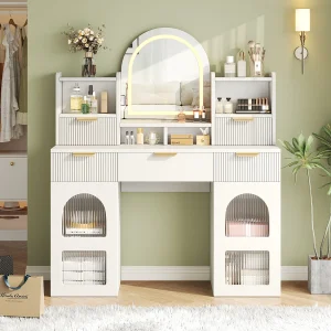 Kaptafel voor de slaapkamer – 120 x 40 x 139,5 cm – met LED-verlichting + spiegel + 3 lades + 2 glazen deuren + planken – MDF – wit Kaptafel voor de slaapkamer – 120 x 40 x 139,5 cm – met LED-verlichting + spiegel + 3 lades + 2 glazen deuren + planken – MDF – wit