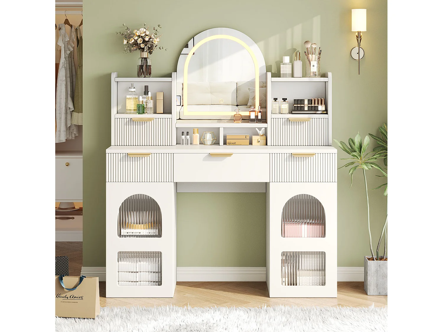 Kaptafel voor de slaapkamer - 120 x 40 x 139,5 cm - met LED-verlichting + spiegel + 3 lades + 2 glazen deuren + planken - MDF - wit
