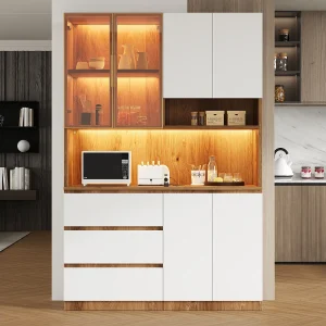 Hoog keukendressoir – 120,5 x 40 x 180 cm – met LED-verlichting + 3 lades + 6 deuren + planken – spaanplaat – naturel + wit Hoog keukendressoir – 120,5 x 40 x 180 cm – met LED-verlichting + 3 lades + 6 deuren + planken – spaanplaat – naturel + wit