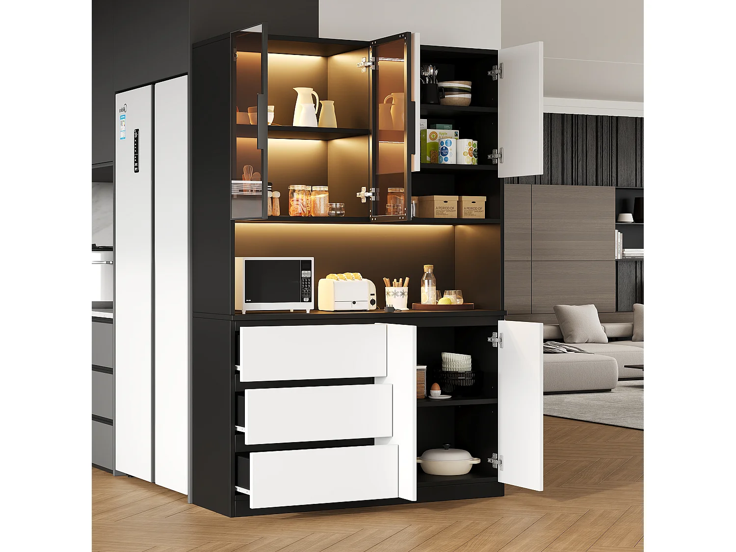 Hoog keukendressoir - 120,5 x 40 x 180 cm - met LED-verlichting + 3 lades + 6 deuren + planken - spaanplaat - zwart + wit