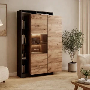 Vitrinekast 2 deuren en 5 nissen met LEDs – Licht naturel en antraciet – IDESIA