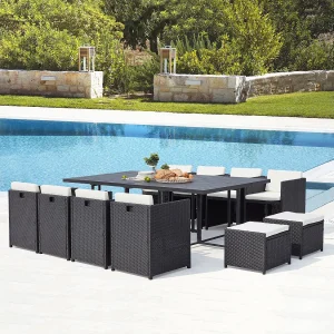 Inklapbare loungeset voor 12 personen van gevlochten kunststof en zwart/wit aluminium SUNSET