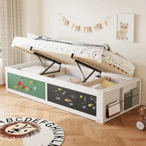 Houten opbergbed voor kinderen – 90 x 200 cm – met hydraulische opbergruimte en schrijfplank – hout – wit Houten opbergbed voor kinderen – 90 x 200 cm – met hydraulische opbergruimte en schrijfplank – hout – wit