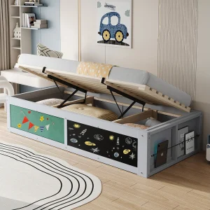 Houten opbergbed voor kinderen – 90 x 200 cm – met hydraulische opbergruimte + schrijfplank – hout – grijs Houten opbergbed voor kinderen – 90 x 200 cm – met hydraulische opbergruimte + schrijfplank – hout – grijs