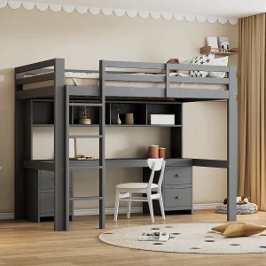 Hoogslaper 90 x 200 cm met bureau, boekenkast, lades en ladder, MDF hout, Grijs Hoogslaper 90 x 200 cm met bureau, boekenkast, lades en ladder, MDF hout, Grijs