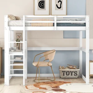 Hoogslaper – 140 x 200 cm – met bureau en opbergplank – grenen – kleur wit