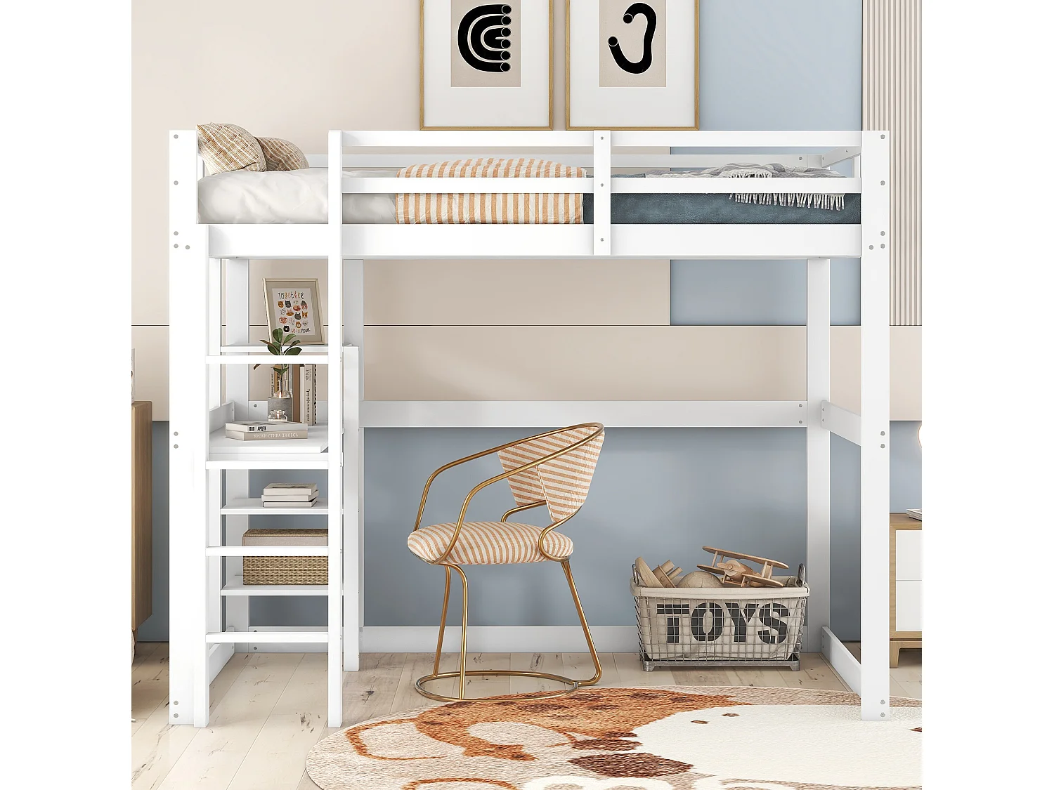 Hoogslaper - 140 x 200 cm - met bureau en opbergplank - grenen - kleur wit